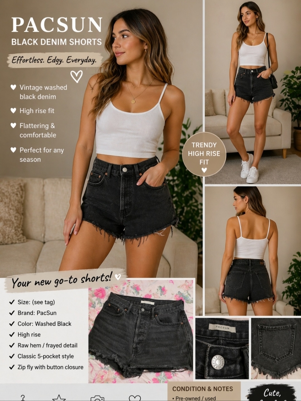 PacSun Washed Black High-Rise Frayed Denim Shorts
